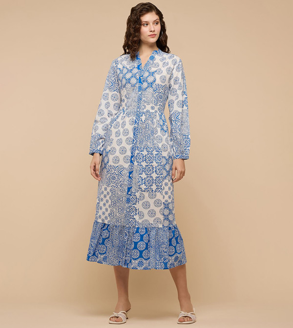 Patterned A-Line Dress with Mandarin Collar and Long Sleeves