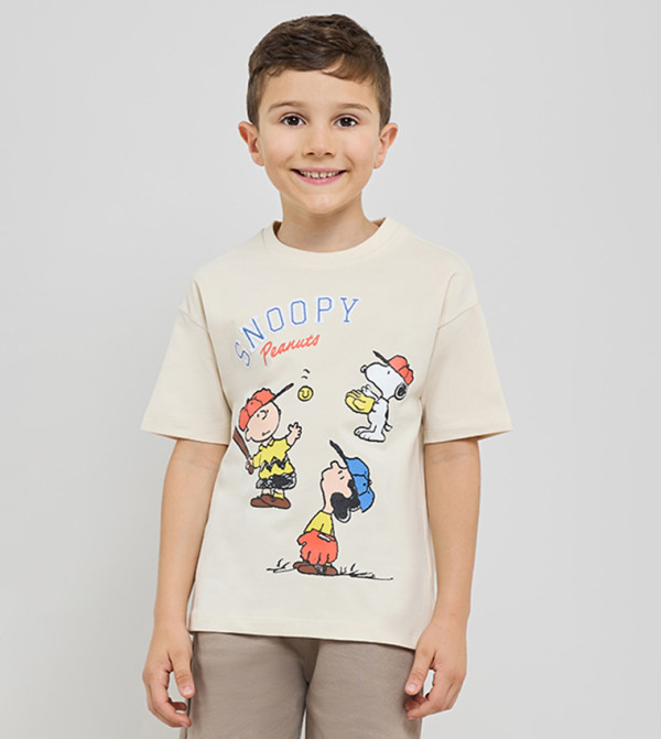 Snoopy Printed T-Shirt with Crew Neck and Short Sleeves