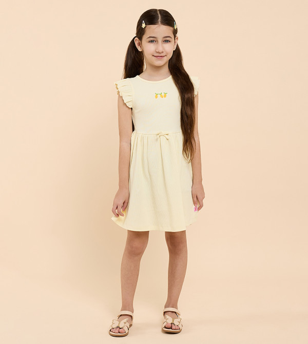 Ribbed Fit & Flare Dress with Flutter Sleeves