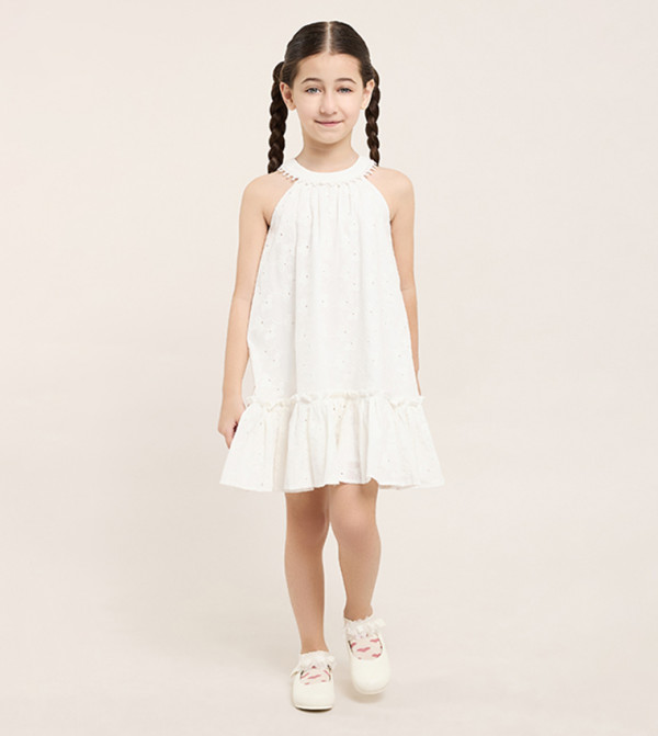 Embroidered A-Line Dress with Halterneck