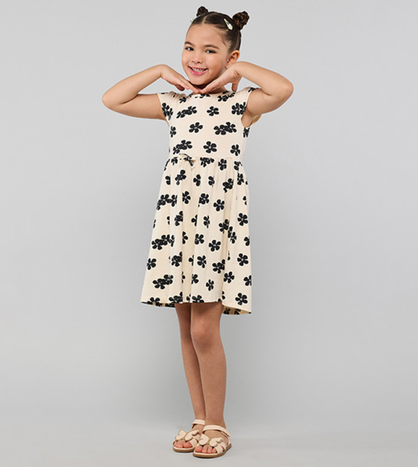 Floral Printed Dress with Crew Neck and Cap Sleeves