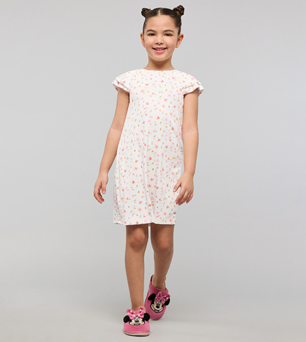 Printed Dress with Crew Neck and Short Sleeves