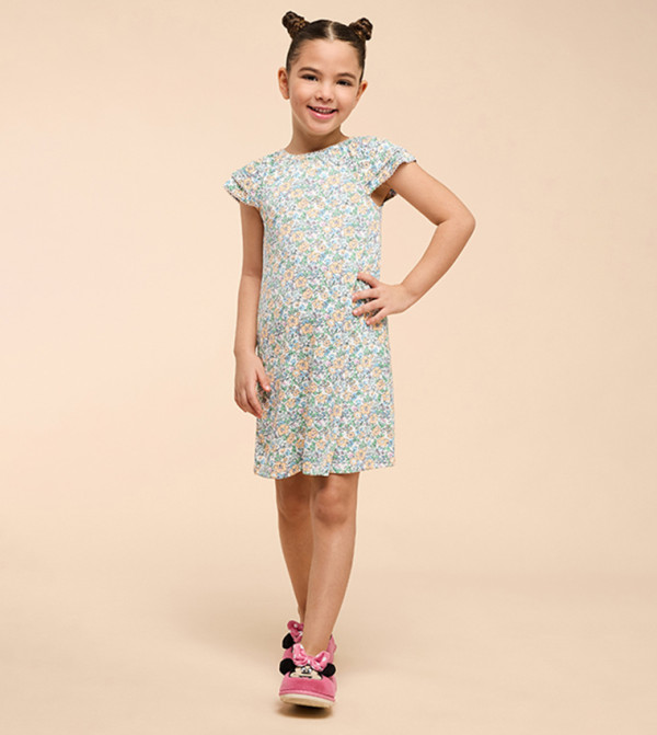 Printed Dress with Crew Neck and Short Sleeves