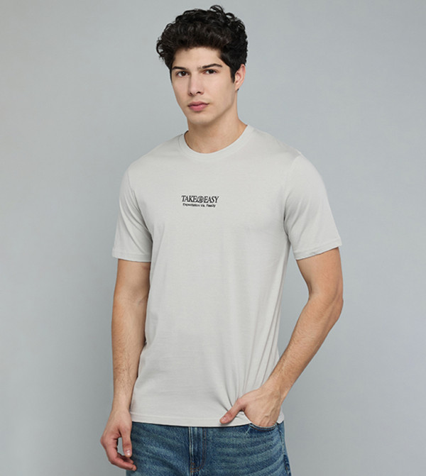 Typography Print T-Shirt with Crew Neck and Short Sleeves