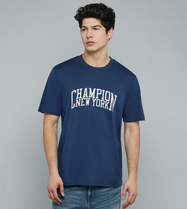 Typography Print T-Shirt with Crew Neck and Short Sleeves