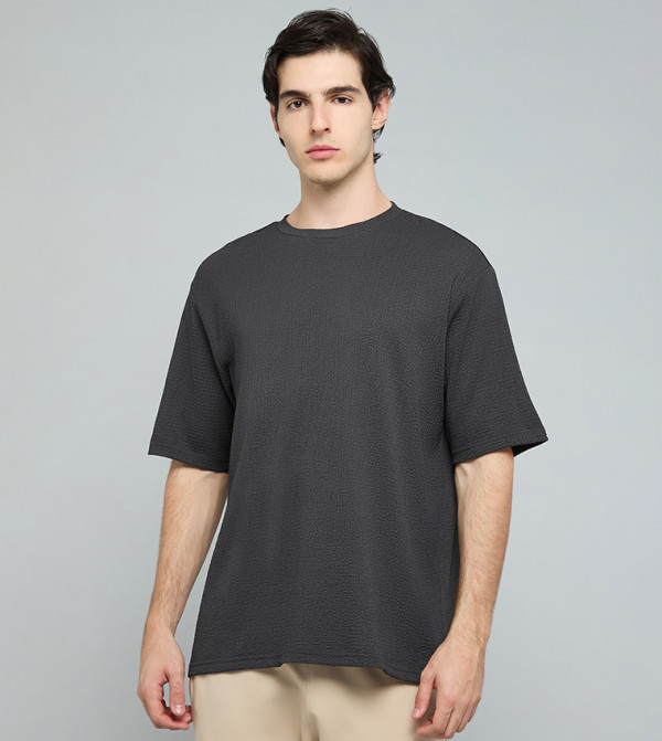 Textured T-Shirt with Crew Neck and Short Sleeves