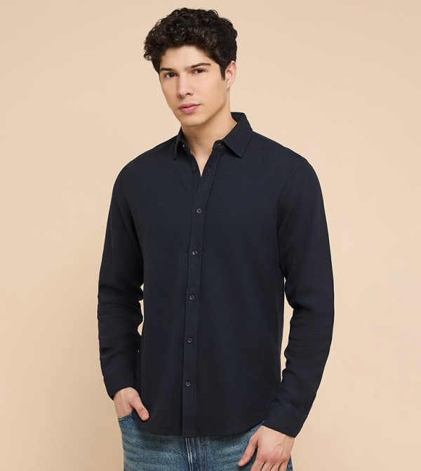 Textured Shirt with Classic Collar and Long Sleeves