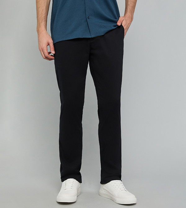 Solid Slim Fit Pants with Button Closure