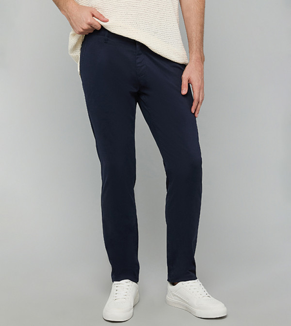 Solid Slim Fit Pants with Button Closure