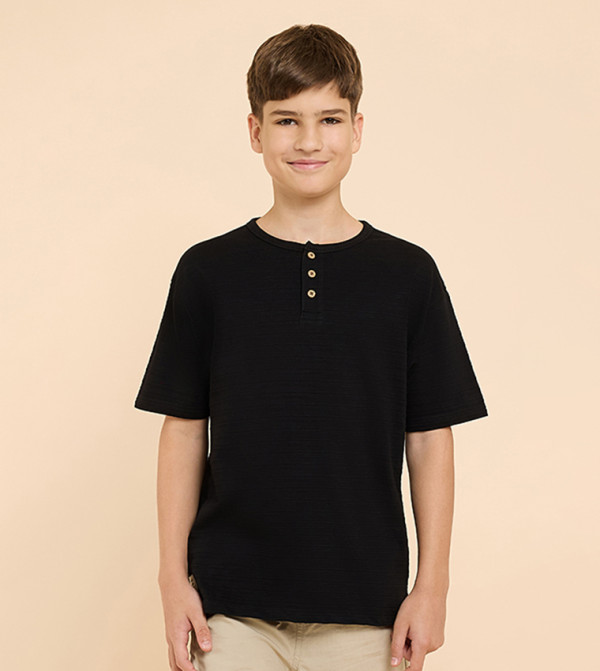 Textured T-Shirt with Henley Neck and Short Sleeves