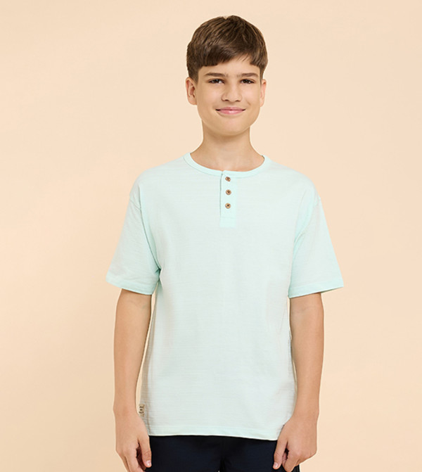 Textured T-Shirt with Henley Neck and Short Sleeves