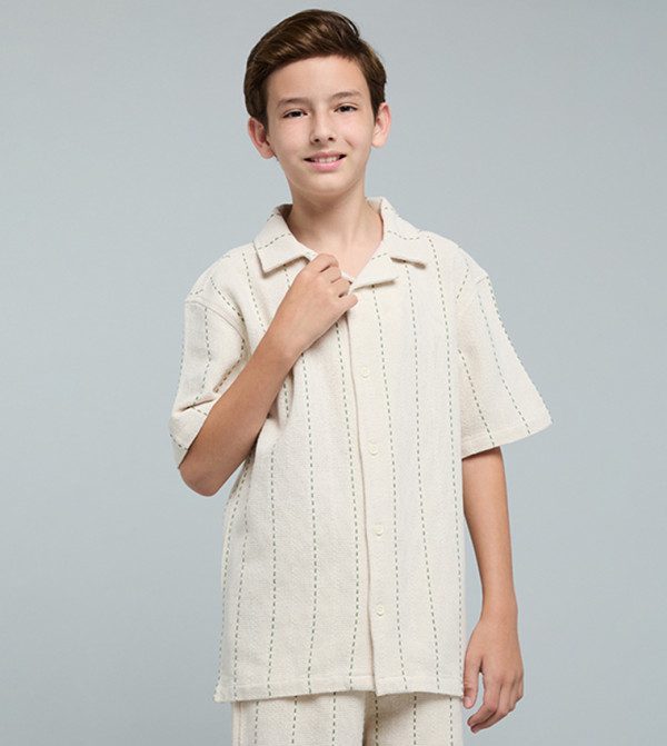 Striped Shirt with Revere Collar and Short Sleeves