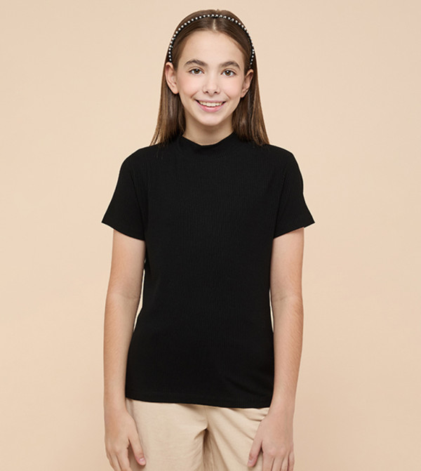 Ribbed Top with Mock Neck and Short Sleeves