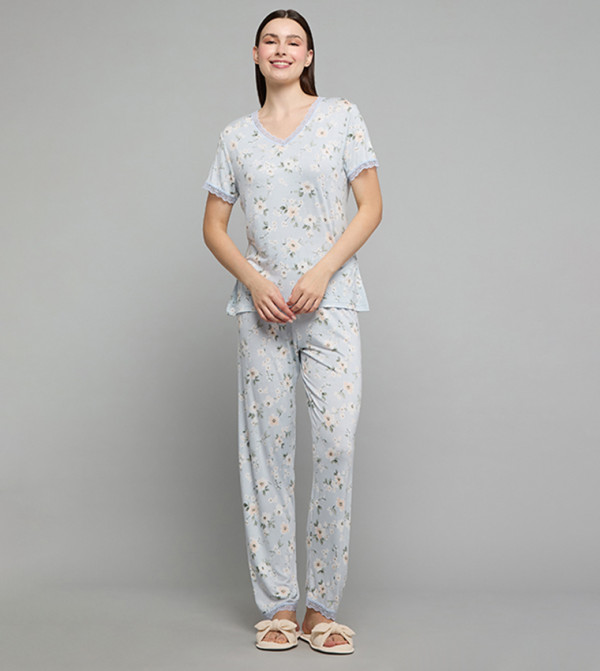 Printed V-Neck Pyjama Set