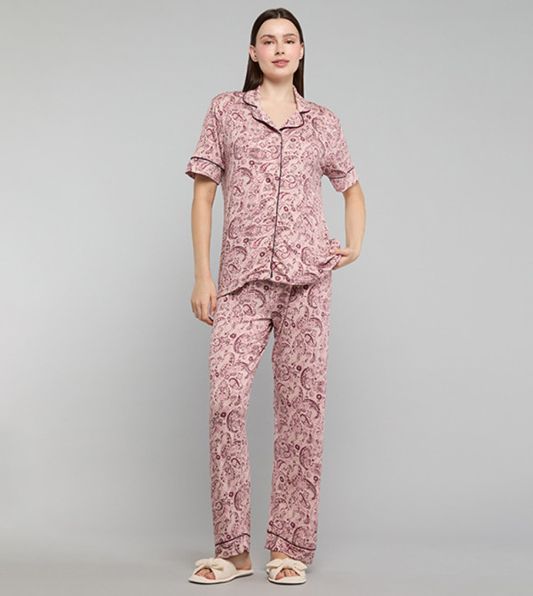 Paisley Print Lapel Collar Pyjama Set