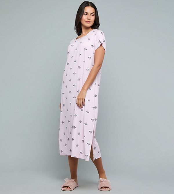 Floral Print Nightdress with V-Neck and Short Sleeves