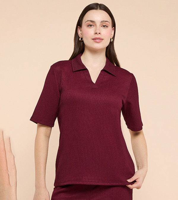 Textured Collared Top with Short Sleeves