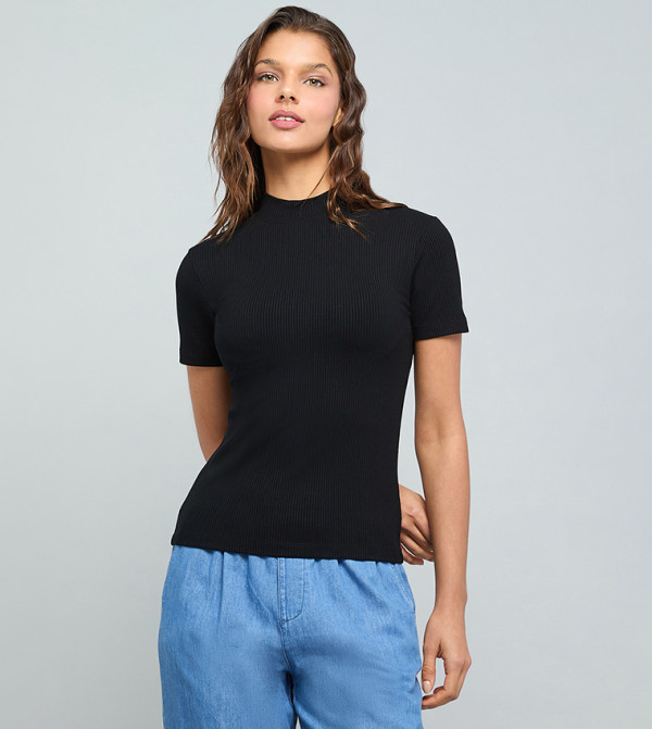Ribbed Top With High Neck and Long Sleeves