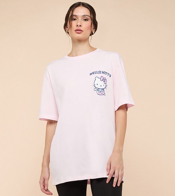 Hello Kitty Printed T-Shirt with Crew Neck and Short Sleeves
