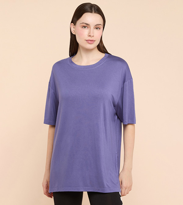 Solid Oversized Active T-Shirts with Crew Neck and Short Sleeves