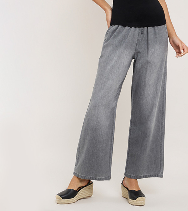 Washed Denim Pants with Drawstring Waist
