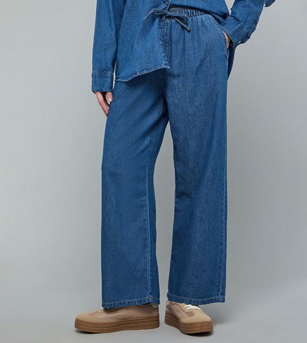 Washed Wide Leg Jeans with Drawstring Waist