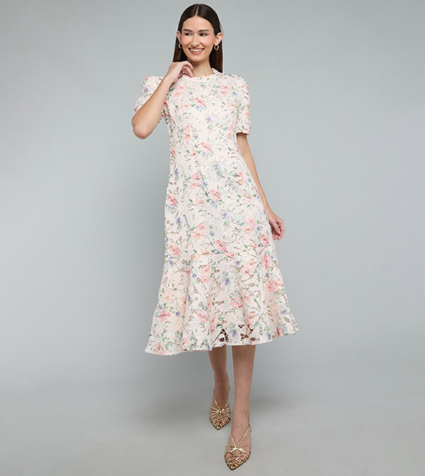 Lace Dress with Crew Neck and Short Sleeves