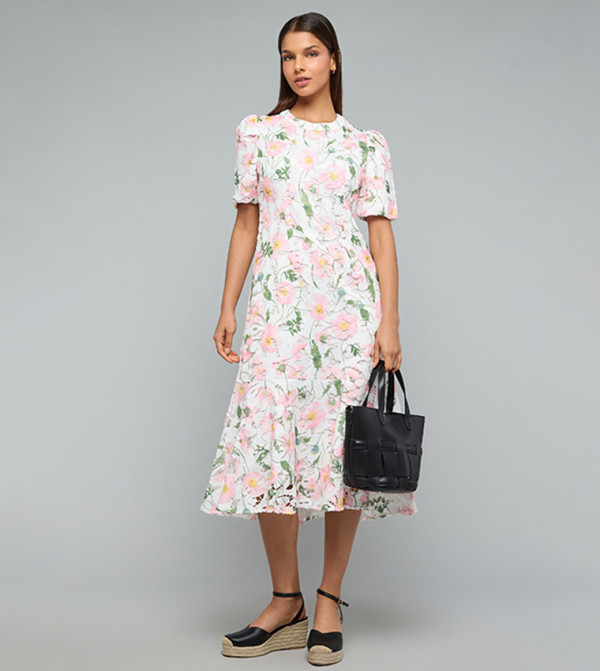 Printed Midi Dress with Crew Neck and Puff Sleeves