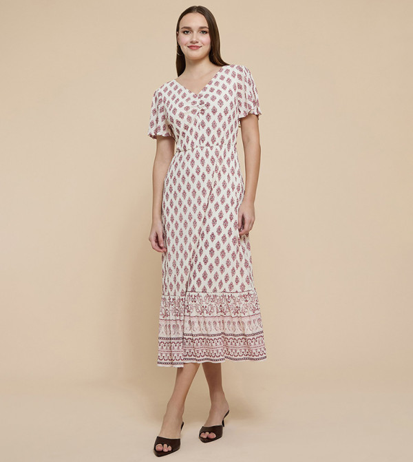 Patterned A-Line Dress with V-Neck and Short Sleeves