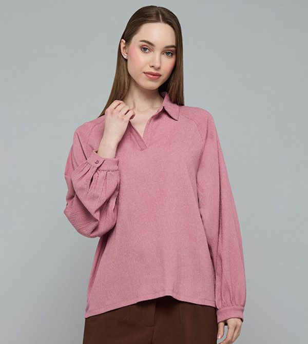 Textured Knit Shirt with Spread Collar and Long Sleeves