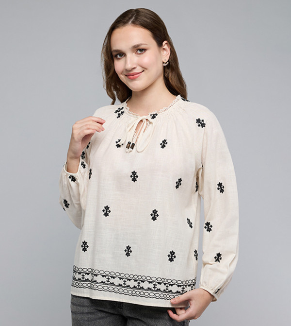 Embroidered Top with Tie-Up Neck and Puff Sleeves