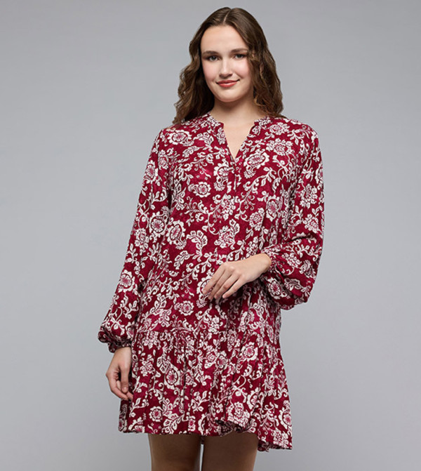 Patterned Mini Dress with V-Neck and Puff Sleeves