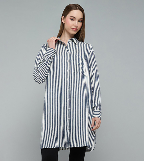 Striped Shirt Tunic with Classic Collar and Long Sleeves