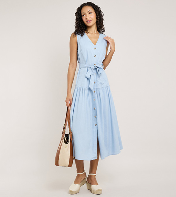 Solid Sleeveless Midi Dress with V-Neck