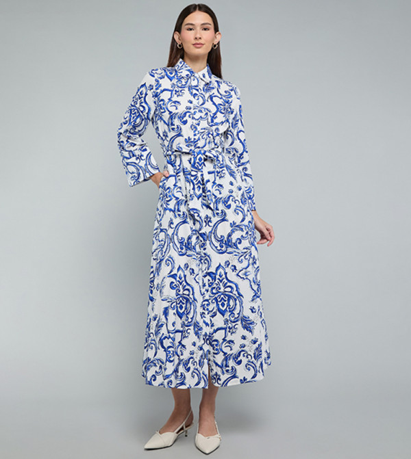 Patterned Shirt Dress with Long Sleeves