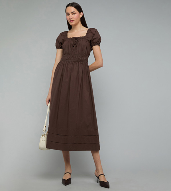 Solid Midi Dress with Square Neck and Puff Sleeves