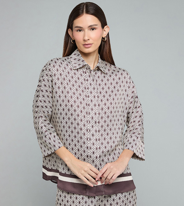 Patterned Shirt with Classic Collar and 3/4 Sleeves