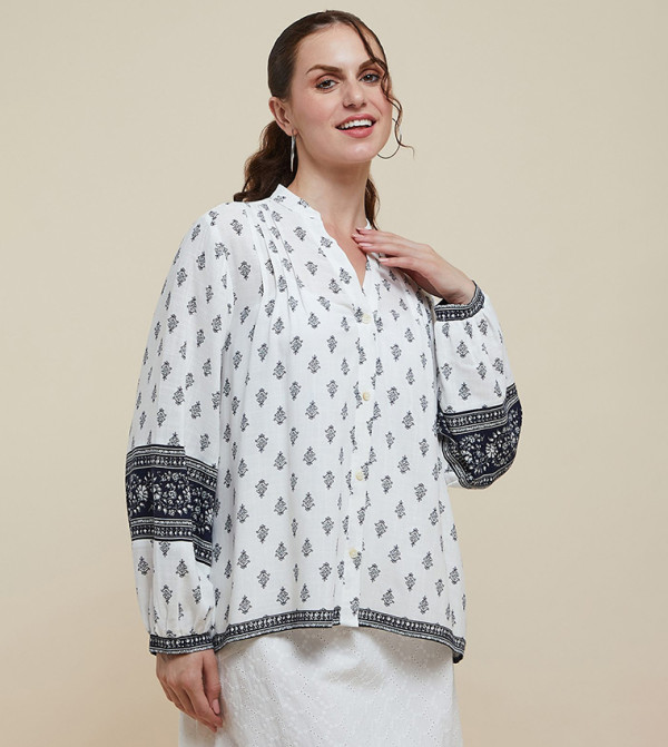 Printed Shirt with Stand Collar and Puff Sleeves