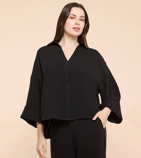 Solid Shirt with Spread Collar and 3/4 Sleeves