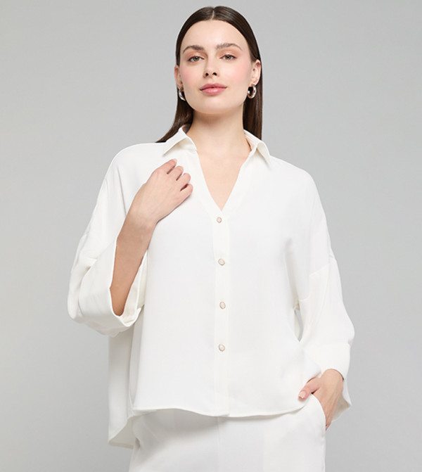 Solid Shirt with Spread Collar and 3/4 Sleeves