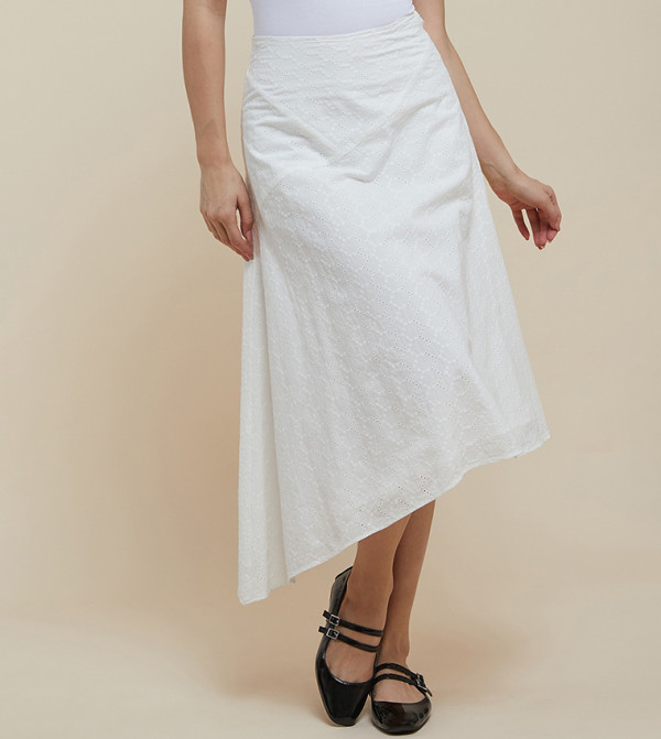 Schiffli Asymmetric Skirt with Elastic Waist