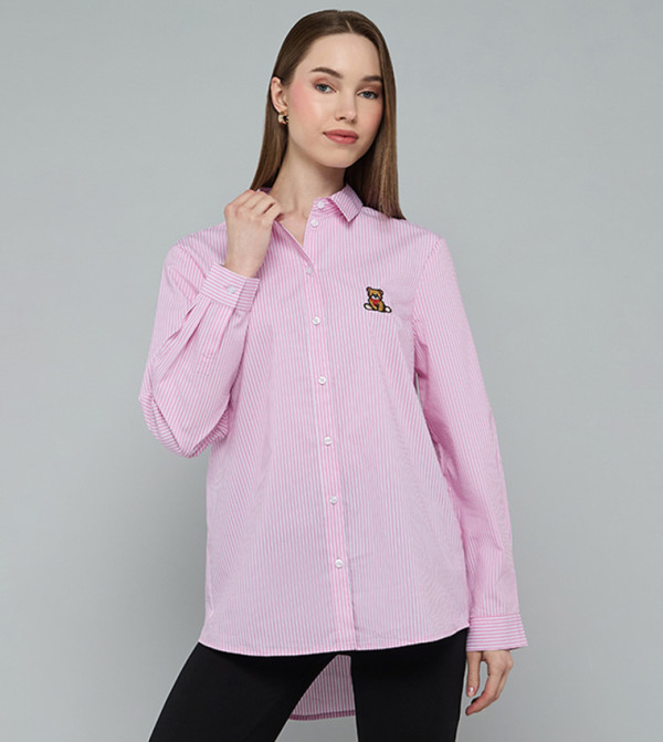 Teddy Detail Shirt with Classic Collar and Long Sleeves