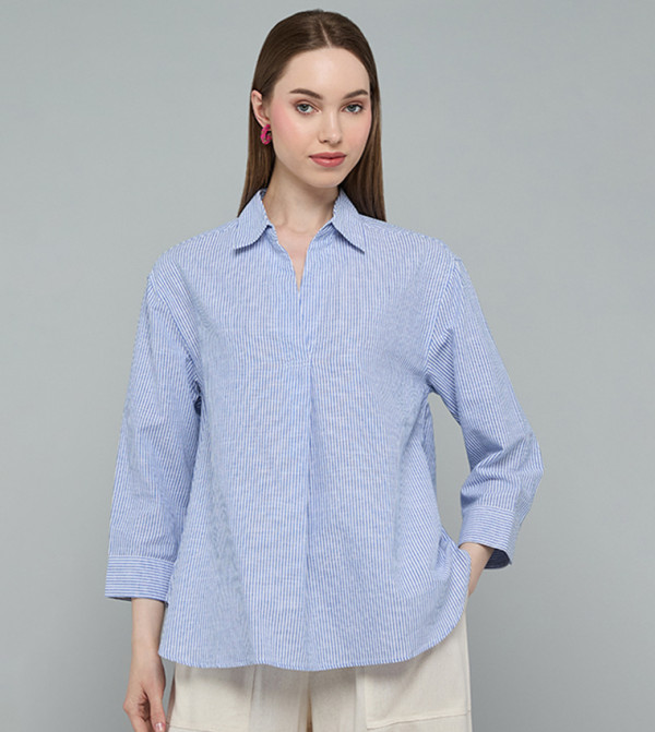Striped Shirt with Spread Collar and 3/4 Sleeves