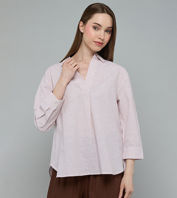Striped Shirt with Spread Collar and 3/4 Sleeves