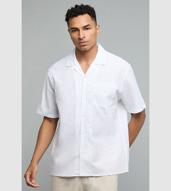 Textured Shirt with Revere Collar and Short Sleeves