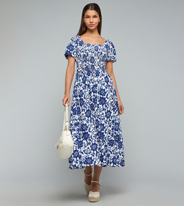 Printed Flared Dress with Square Neck and Puff Sleeves