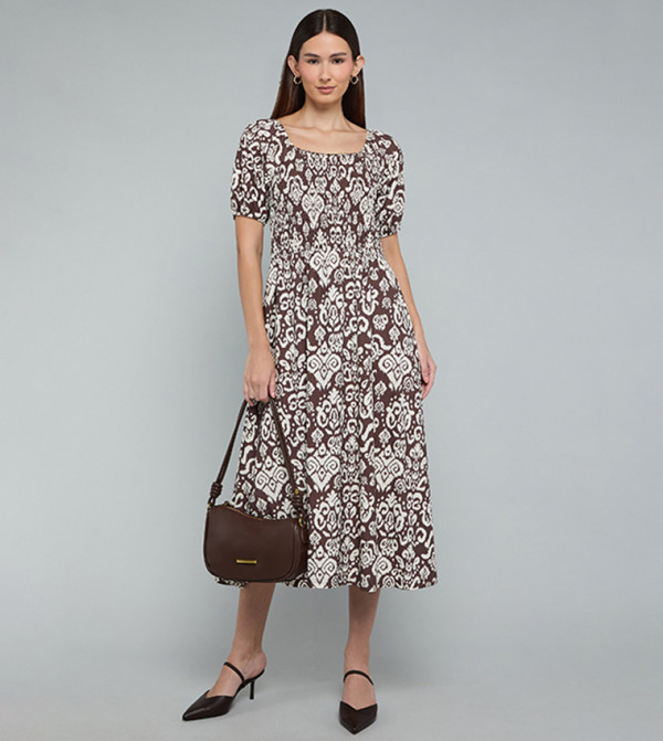 Patterned Midi Dress with Square Neck and Puff Sleeves