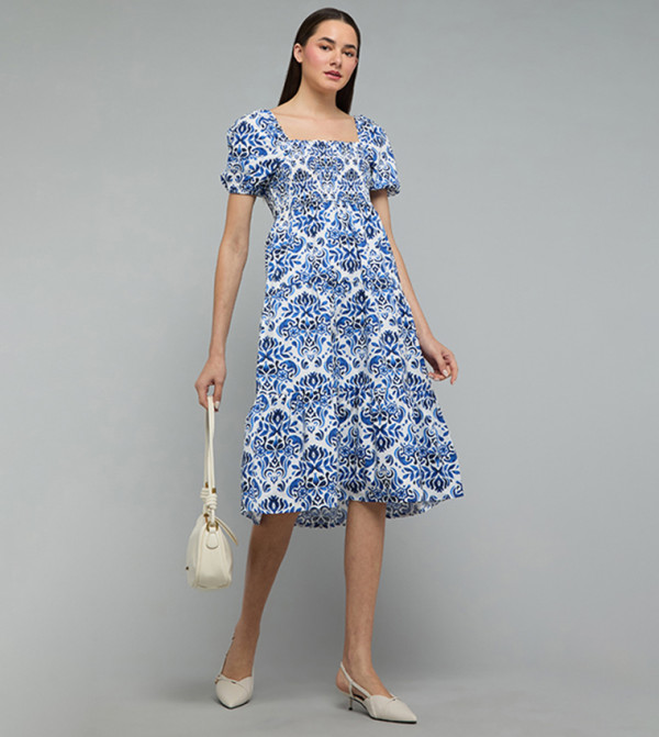 Patterned A-Line Dress with Square Neck An