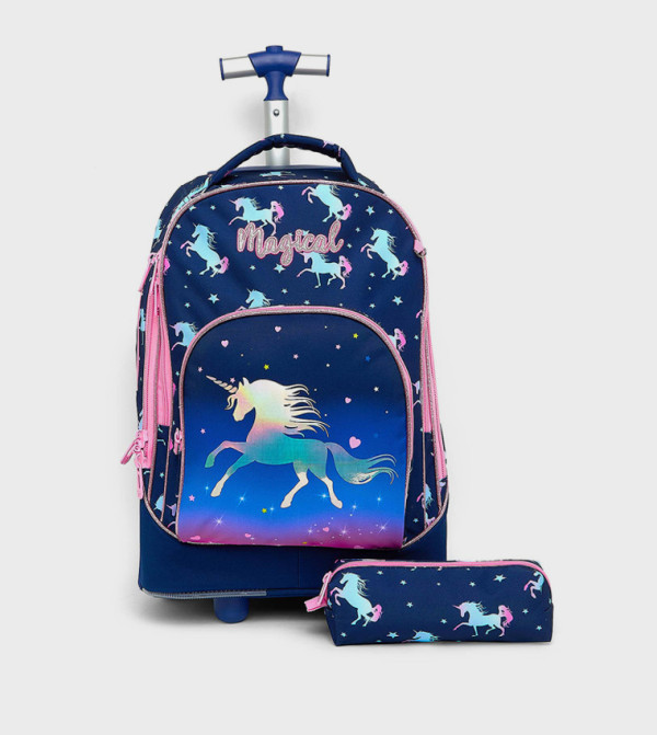 Unicorn Print Trolley Backpack with Pencil Pouch