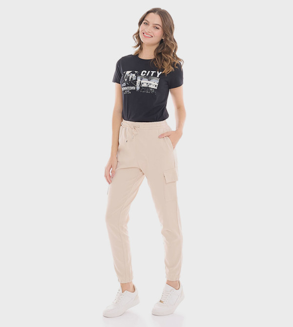 Solid Cargo Joggers with Drawstring Waist
